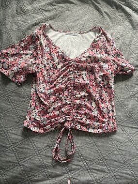 Rosebud Pink Floral Ruched Drawstring Crop Top